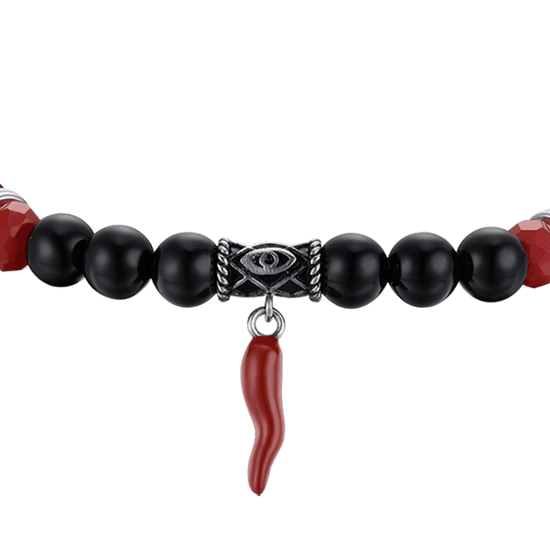PULSERA ELÁSTICA DE HOMBRE CON PIEDRAS NEGRAS Y ROJAS Y CUERNO ROJO
