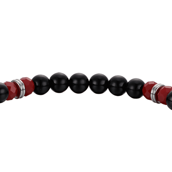 PULSERA ELÁSTICA DE HOMBRE CON PIEDRAS NEGRAS Y ROJAS Y CUERNO ROJO