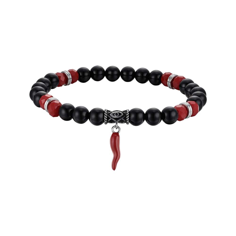 PULSERA ELÁSTICA DE HOMBRE CON PIEDRAS NEGRAS Y ROJAS Y MAÍZ ROJO Luca Barra