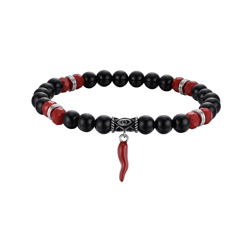 PULSERA ELÁSTICA DE HOMBRE CON PIEDRAS NEGRAS Y ROJAS Y CUERNO ROJO