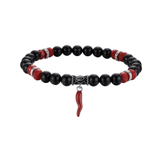 PULSERA ELÁSTICA DE HOMBRE CON PIEDRAS NEGRAS Y ROJAS Y CUERNO ROJO