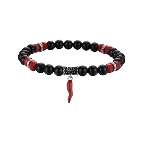 PULSERA ELÁSTICA DE HOMBRE CON PIEDRAS NEGRAS Y ROJAS Y MAÍZ ROJO Luca Barra