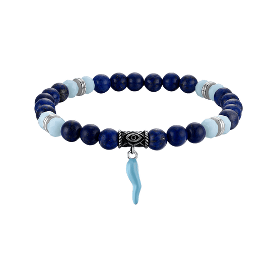 PULSERA ELÁSTICA DE HOMBRE CON PIEDRAS AZULES Y VERDES Y CORNILLO TURQUESA Luca Barra