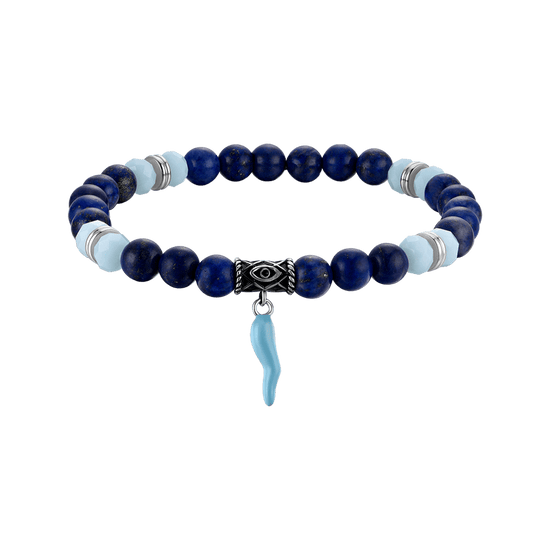 PULSERA ELÁSTICA DE HOMBRE CON PIEDRAS AZULES Y VERDES Y CUERNO TURQUESA