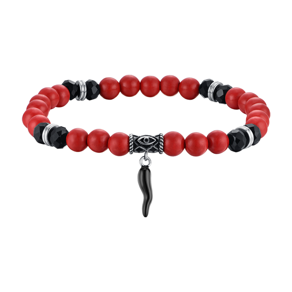 PULSERA ELÁSTICA DE HOMBRE CON PIEDRAS ROJAS Y NEGRAS Y CUERNO NEGRO