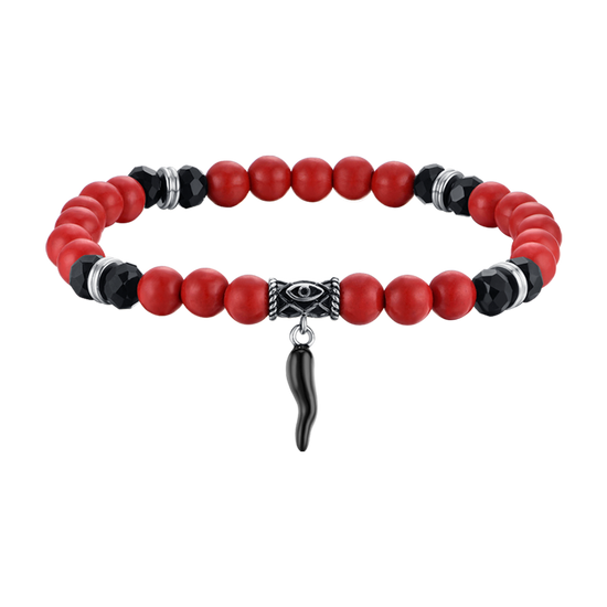PULSERA ELÁSTICA DE HOMBRE CON PIEDRAS ROJAS Y NEGRAS Y CUERNO NEGRO