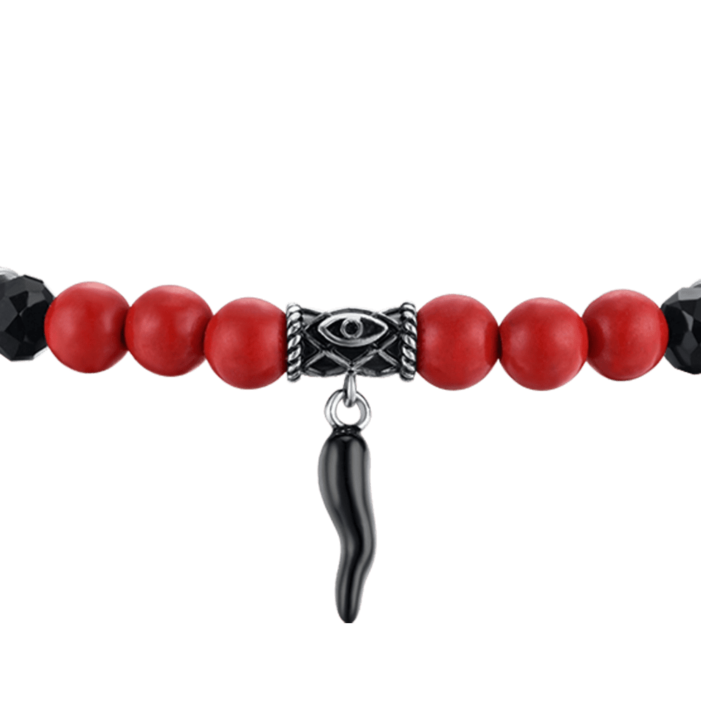 PULSERA ELÁSTICA DE HOMBRE CON PIEDRAS ROJAS Y NEGRAS Y CUERNO NEGRO