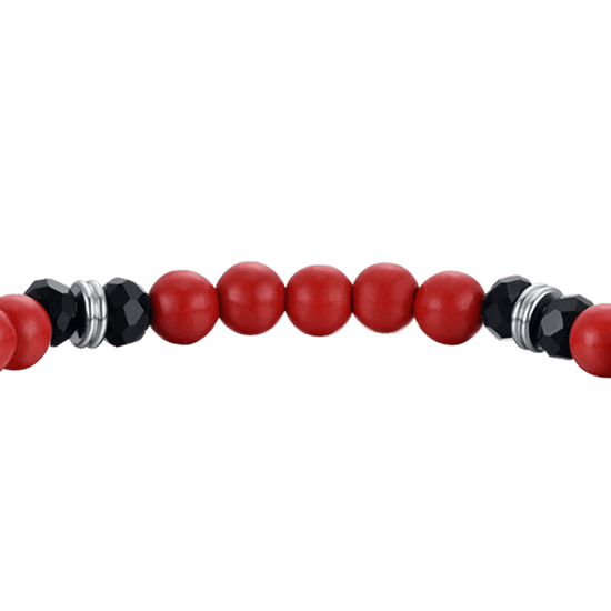 PULSERA ELÁSTICA DE HOMBRE CON PIEDRAS ROJAS Y NEGRAS Y CUERNO NEGRO