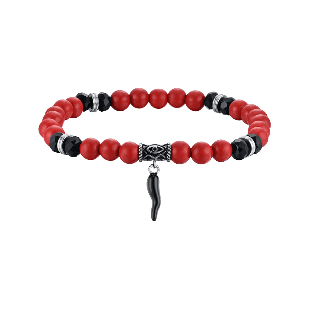 PULSERA ELÁSTICA DE HOMBRE CON PIEDRAS ROJAS Y NEGRAS Y CUERNO NEGRO