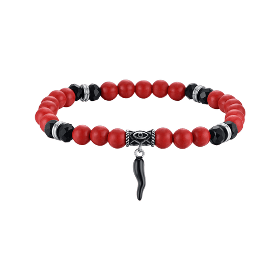 PULSERA ELÁSTICA PARA HOMBRE CON PIEDRAS ROJAS Y NEGRAS Y CORNADO NEGRO Luca Barra