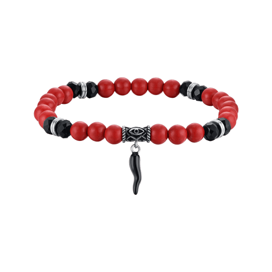 PULSERA ELÁSTICA DE HOMBRE CON PIEDRAS ROJAS Y NEGRAS Y CUERNO NEGRO