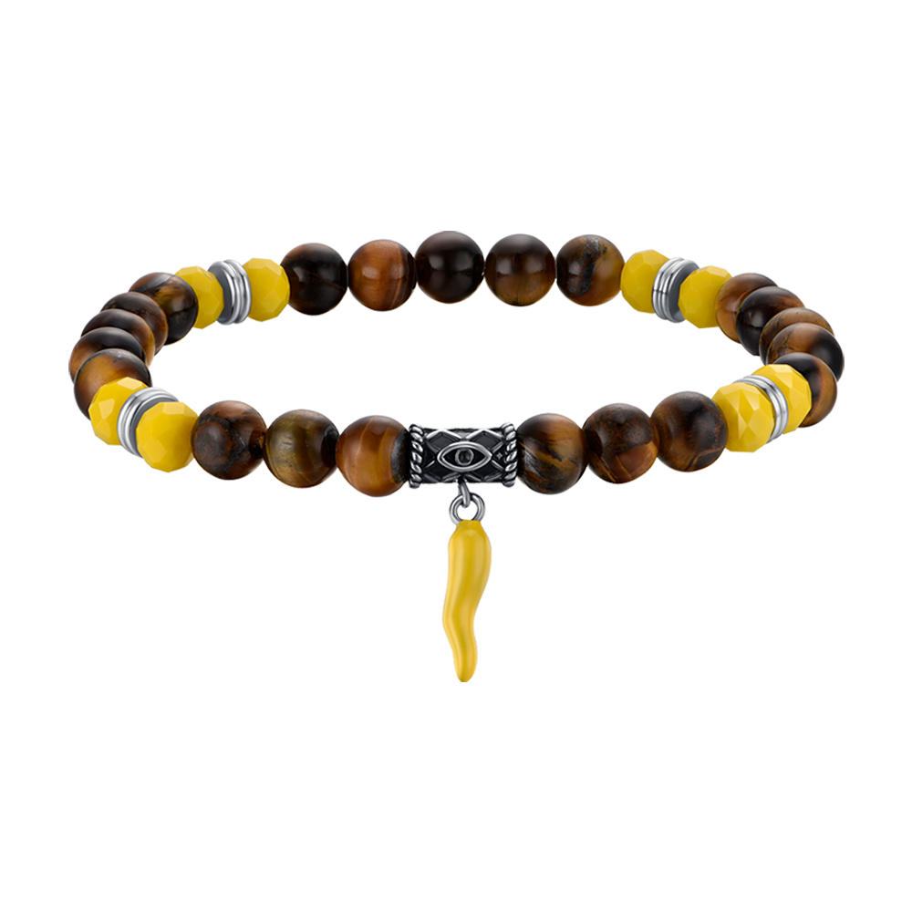 PULSERA ELÁSTICA DE HOMBRE CON PIEDRAS DE OJO DE TIGRE Y CUERNO AMARILLO