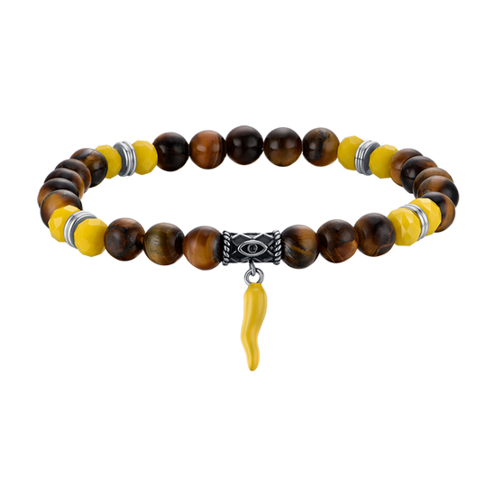 PULSERA ELÁSTICA DE HOMBRE CON PIEDRAS DE OJO DE TIGRE Y CUERNO AMARILLO