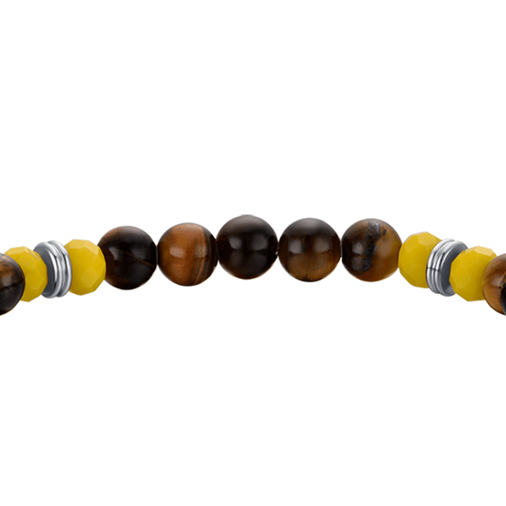 PULSERA ELÁSTICA DE HOMBRE CON PIEDRAS DE OJO DE TIGRE Y CUERNO AMARILLO