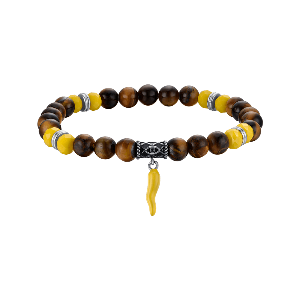 PULSERA ELÁSTICA PARA HOMBRE CON PIEDRAS DE OJO DE TIGRE Y CORNETA AMARILLA Luca Barra