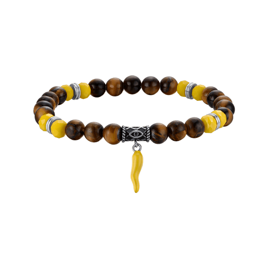 PULSERA ELÁSTICA PARA HOMBRE CON PIEDRAS DE OJO DE TIGRE Y CORNETA AMARILLA Luca Barra