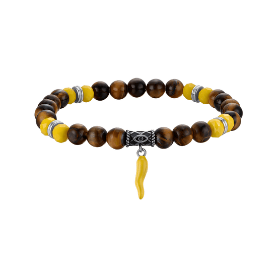 PULSERA ELÁSTICA DE HOMBRE CON PIEDRAS DE OJO DE TIGRE Y CUERNO AMARILLO