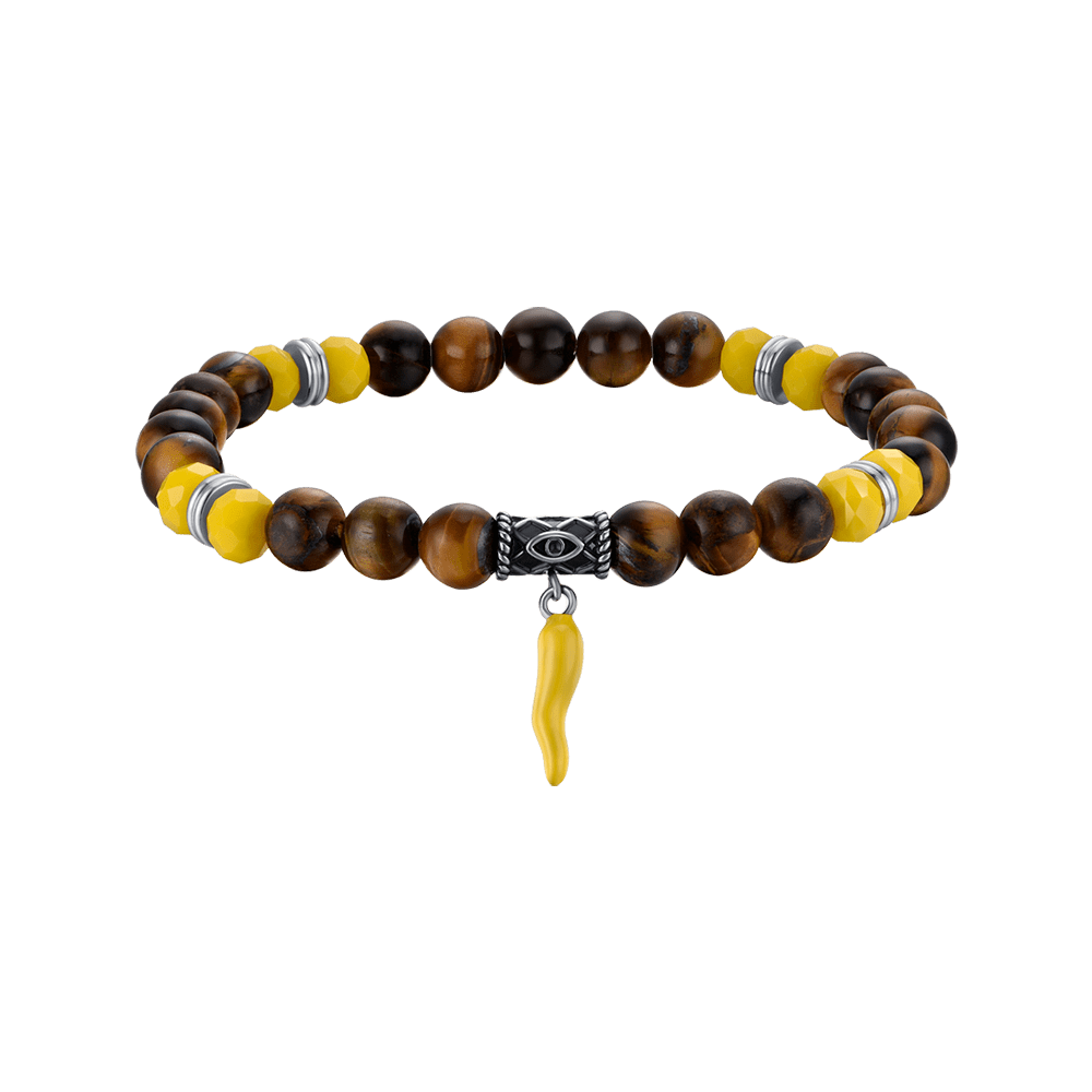 PULSERA ELÁSTICA DE HOMBRE CON PIEDRAS DE OJO DE TIGRE Y CUERNO AMARILLO