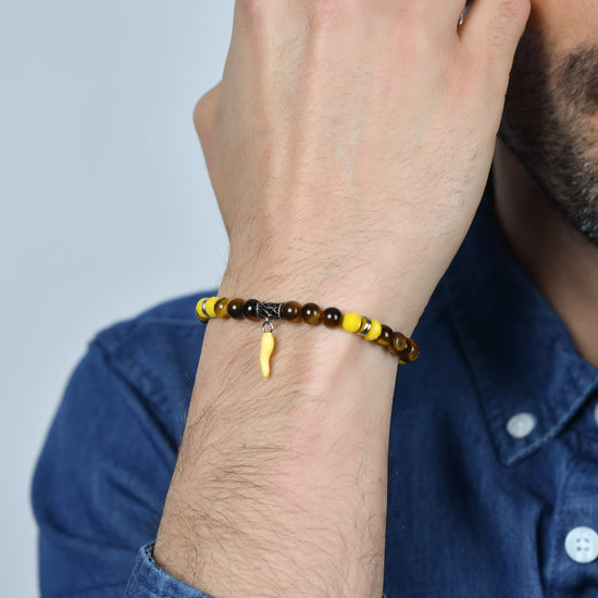 PULSERA ELÁSTICA DE HOMBRE CON PIEDRAS DE OJO DE TIGRE Y CUERNO AMARILLO