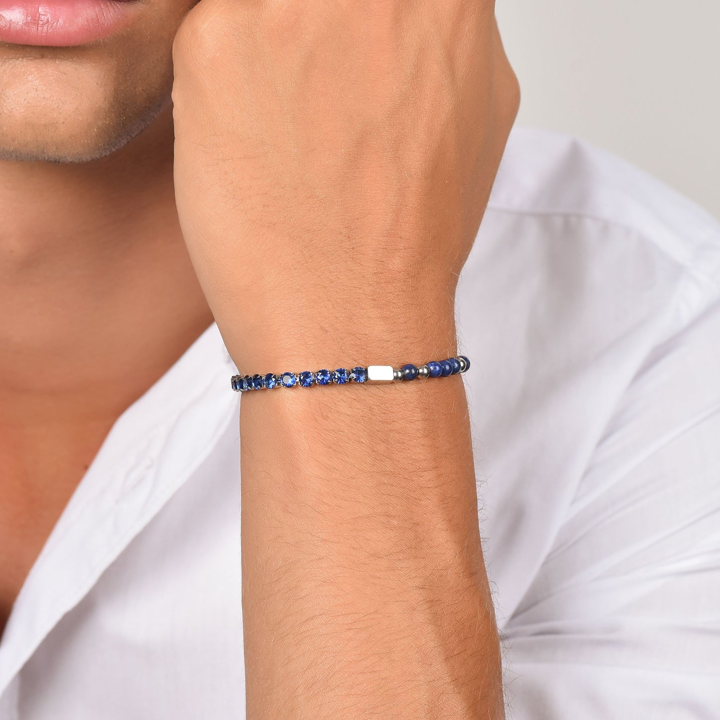 PULSERA DE ACERO PARA HOMBRE CON CRISTALES Y PIEDRAS AZULES