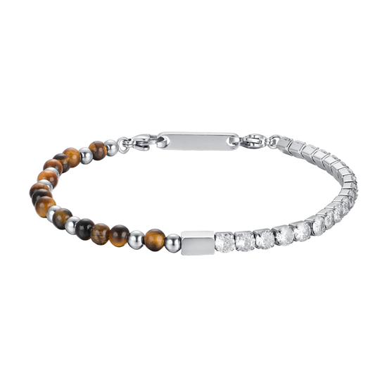 PULSERA DE ACERO PARA HOMBRE CON CRISTALES BLANCOS Y PIEDRAS OJO DE TIGRE
