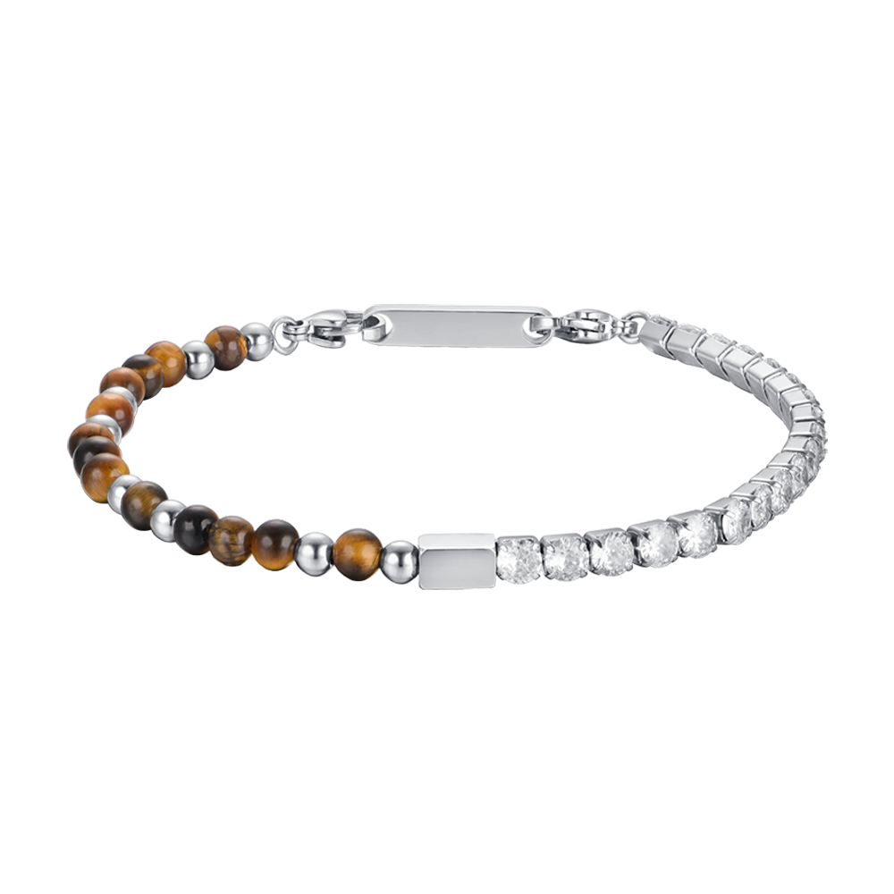 PULSERA DE ACERO PARA HOMBRE CON CRISTALES BLANCOS Y PIEDRAS OJO DE TIGRE