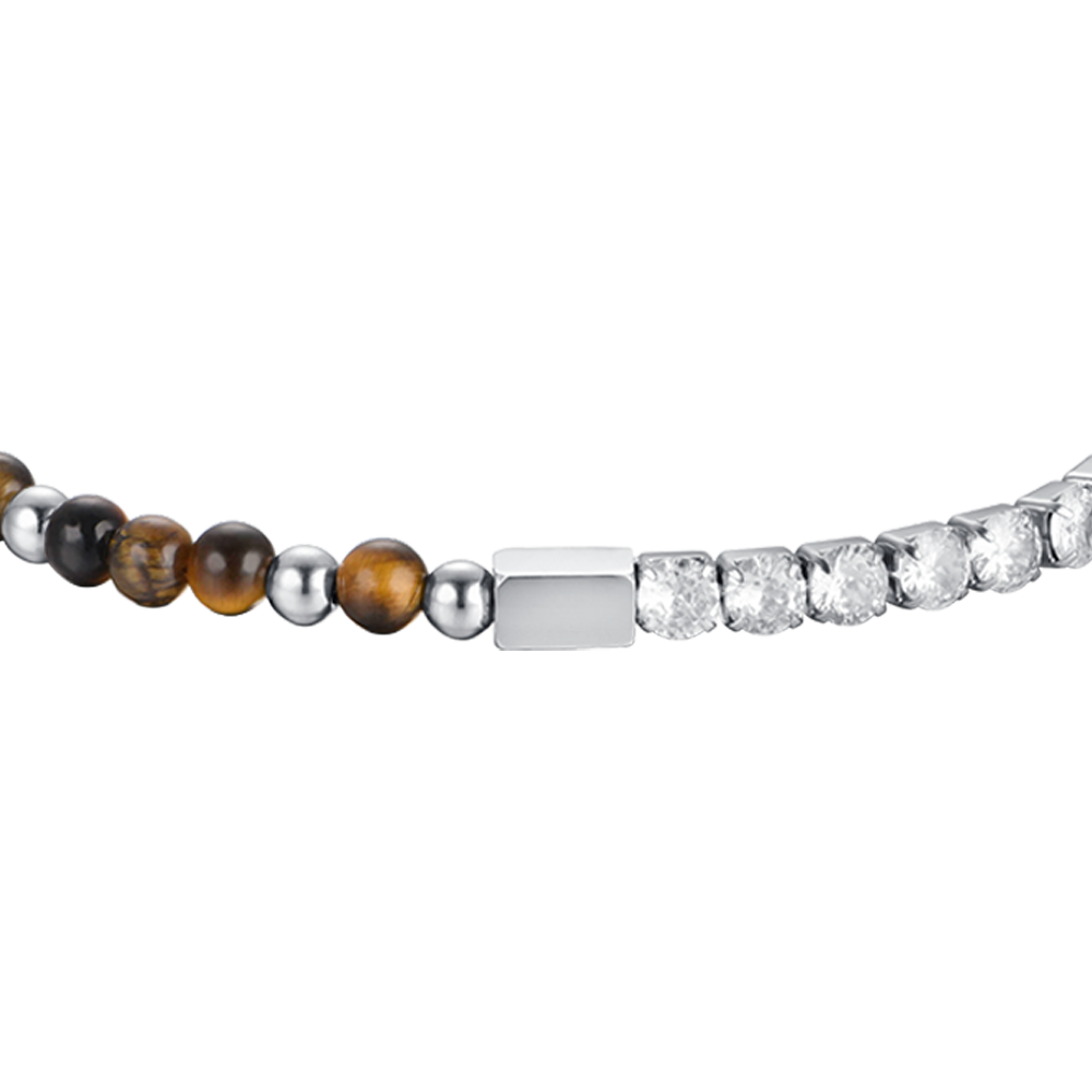 PULSERA DE ACERO PARA HOMBRE CON CRISTALES BLANCOS Y PIEDRAS OJO DE TIGRE