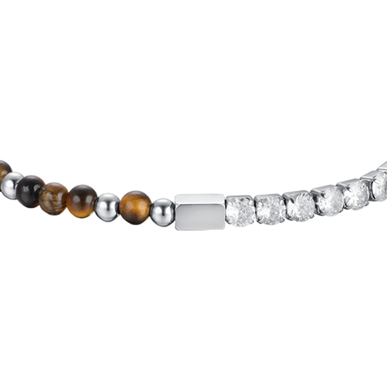 PULSERA DE ACERO PARA HOMBRE CON CRISTALES BLANCOS Y PIEDRAS OJO DE TIGRE