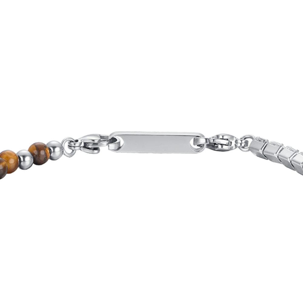 PULSERA DE ACERO PARA HOMBRE CON CRISTALES BLANCOS Y PIEDRAS OJO DE TIGRE