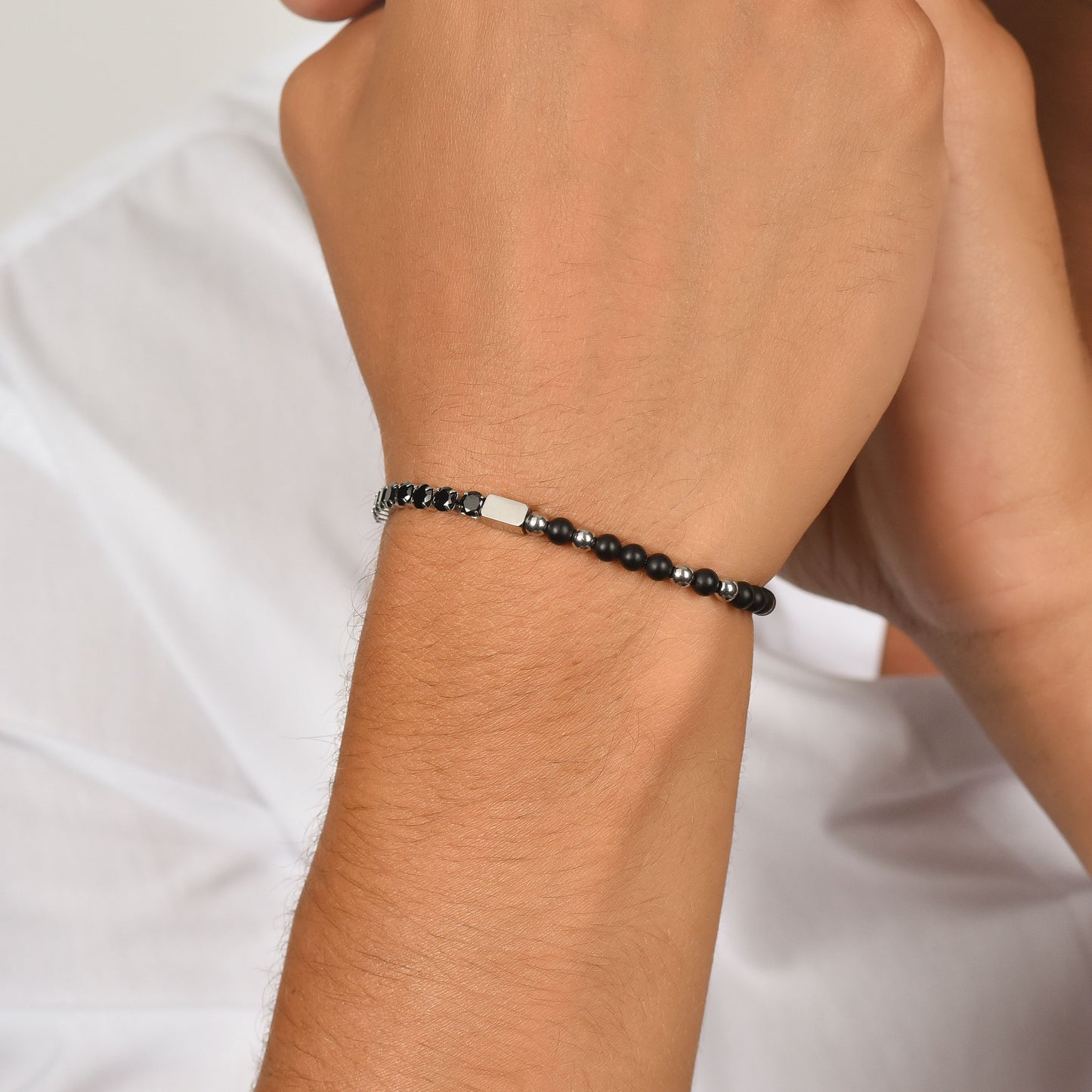 PULSERA DE ACERO PARA HOMBRE CON CRISTALES Y PIEDRAS NEGRAS