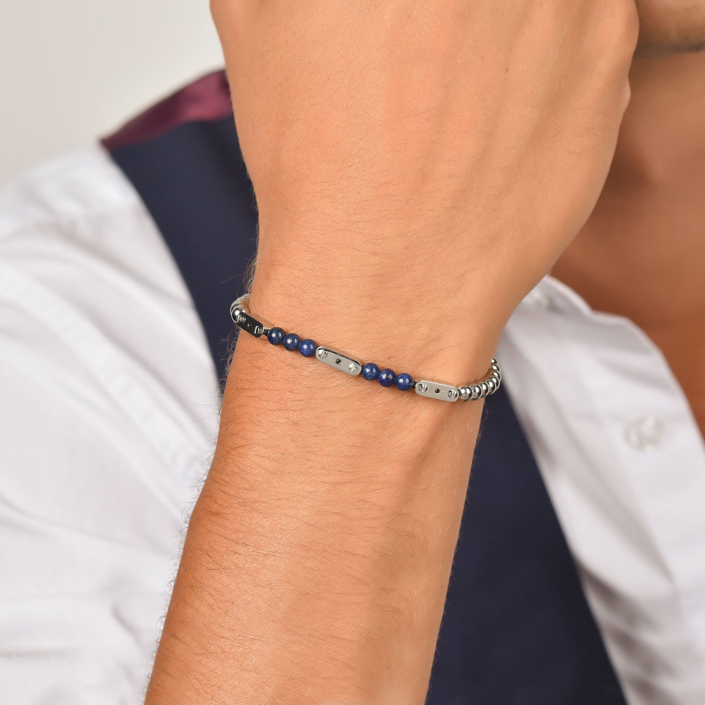 PULSERA DE ACERO PARA HOMBRE CON PIEDRAS LAPIS