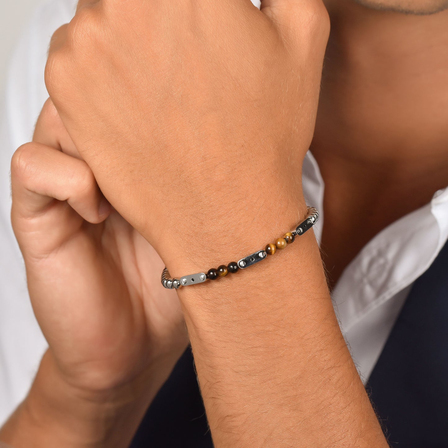 PULSERA DE ACERO PARA HOMBRE CON PIEDRAS OJO DE TIGRE