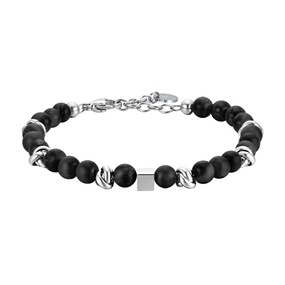 PULSERA DE ACERO PARA HOMBRE CON PIEDRAS NEGRAS Y ELEMENTOS DE ACERO