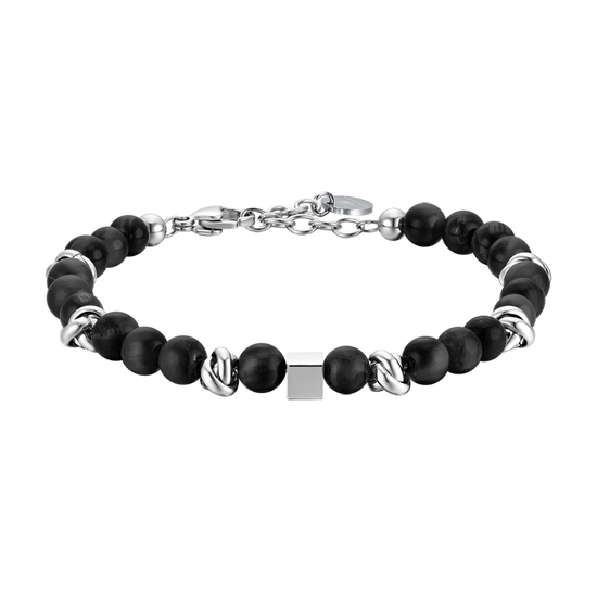 PULSERA DE ACERO PARA HOMBRE CON PIEDRAS NEGRAS Y ELEMENTOS DE ACERO