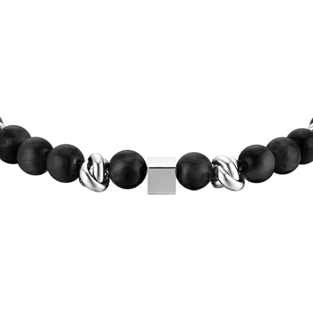 PULSERA DE ACERO PARA HOMBRE CON PIEDRAS NEGRAS Y ELEMENTOS DE ACERO