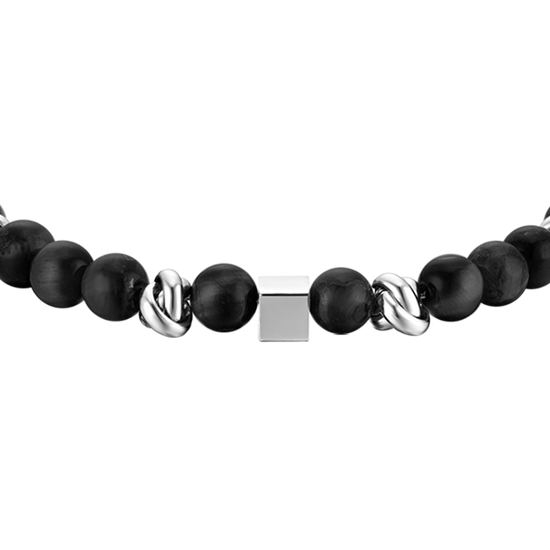 PULSERA DE ACERO PARA HOMBRE CON PIEDRAS NEGRAS Y ELEMENTOS DE ACERO
