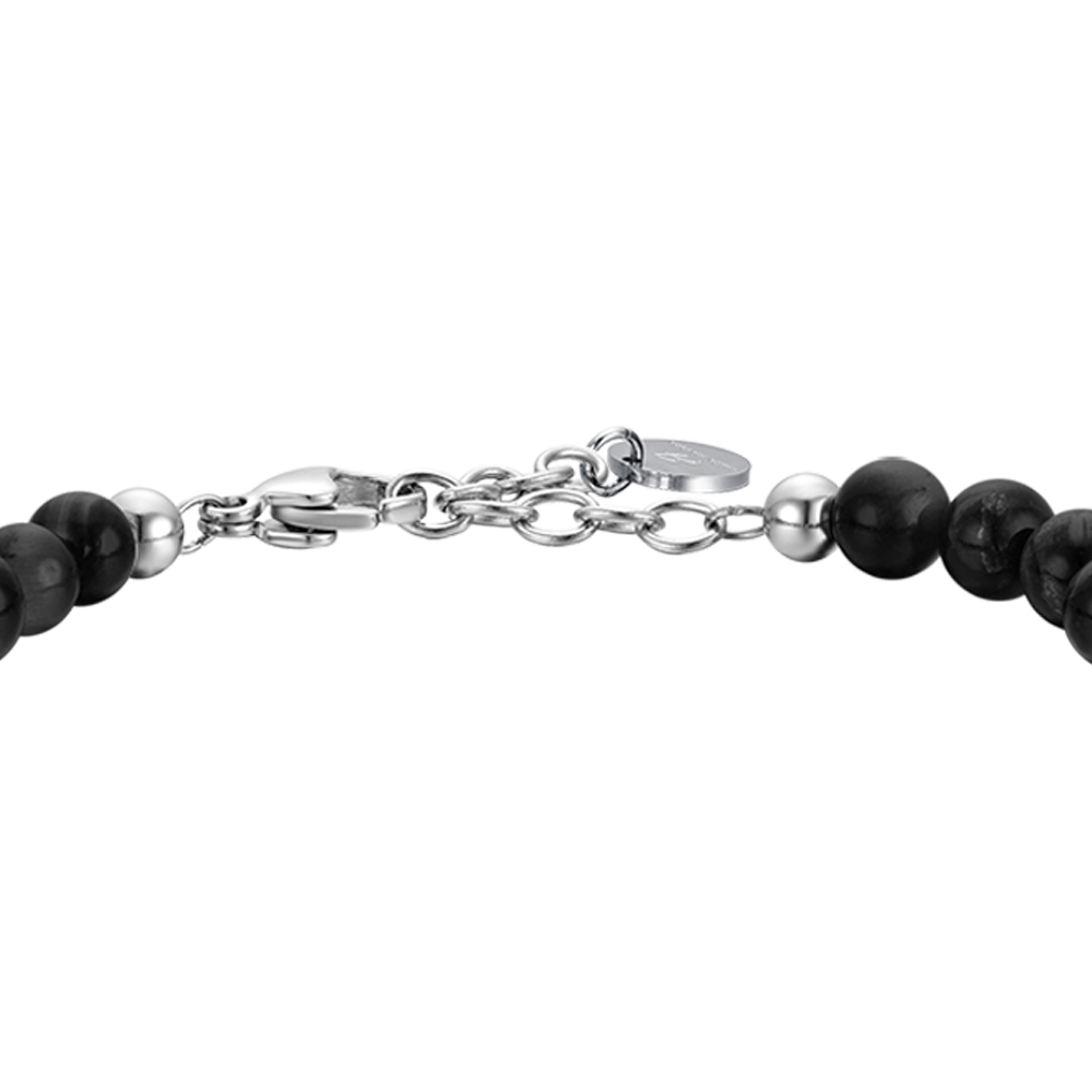 PULSERA DE ACERO PARA HOMBRE CON PIEDRAS NEGRAS Y ELEMENTOS DE ACERO