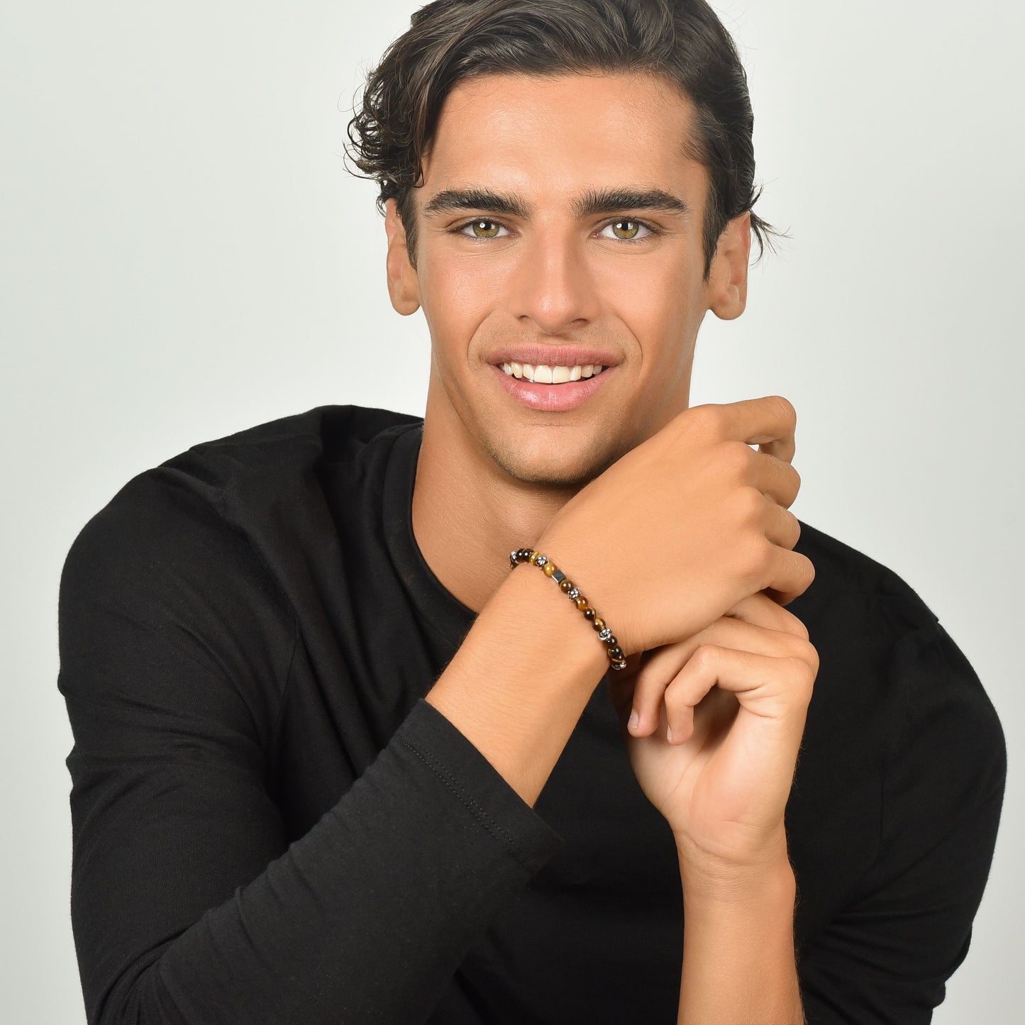PULSERA DE ACERO PARA HOMBRE CON PIEDRAS OJO DE TIGRE Y ELEMENTOS DE ACERO
