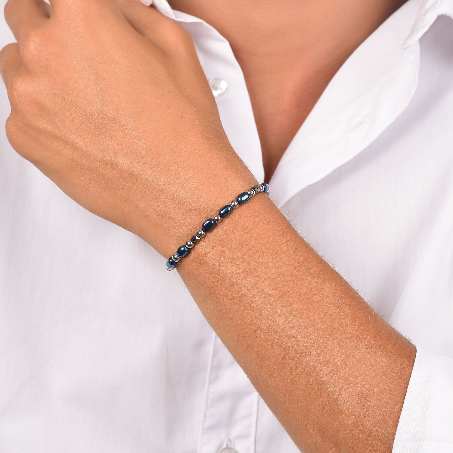 PULSERA DE ACERO PARA HOMBRE CON HEMATITES AZUL
