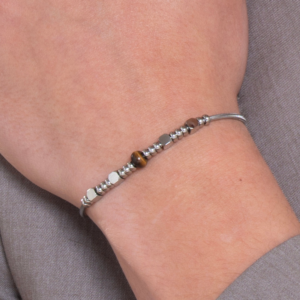 PULSERA DE ACERO PARA HOMBRE CON PIEDRAS OJO DE TIGRE