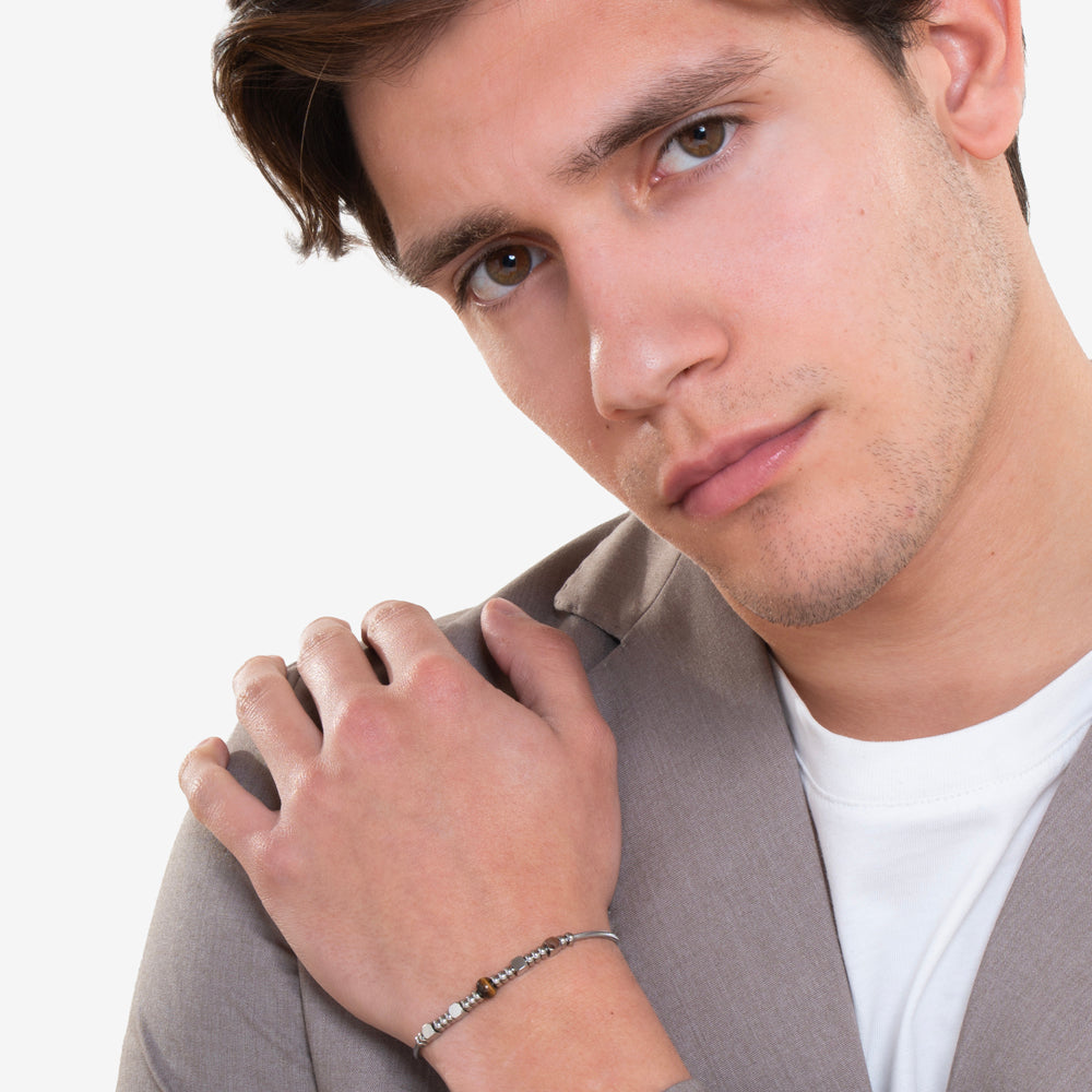 PULSERA DE ACERO PARA HOMBRE CON PIEDRAS OJO DE TIGRE