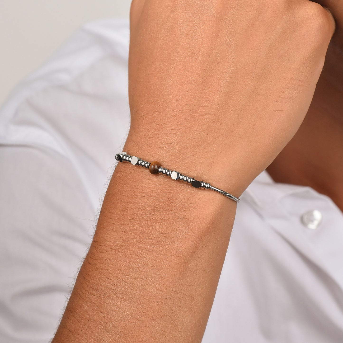 BRAZALETE DE ACERO PARA HOMBRE CON ÁGATA NEGRA