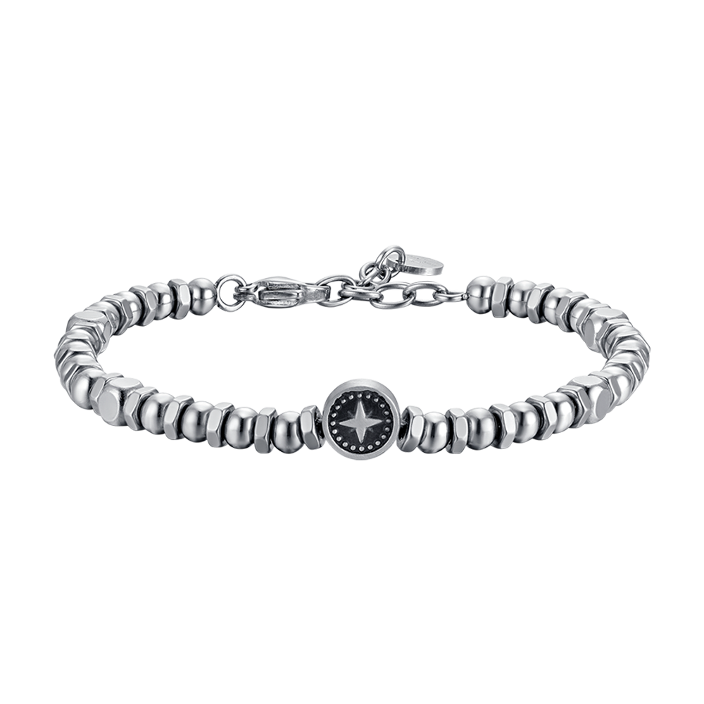 BRAZALETE DE ACERO PARA CABALLERO CON ROSA DE LOS VIENTOS Y ESMALTE NEGRO