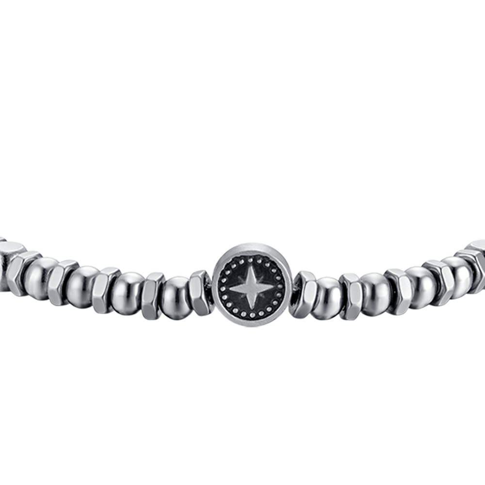 BRAZALETE DE ACERO PARA CABALLERO CON ROSA DE LOS VIENTOS Y ESMALTE NEGRO