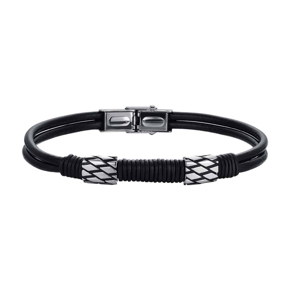 PULSERA DE CABALLERO DE CUERO NEGRO CON ELEMENTOS DE ACERO