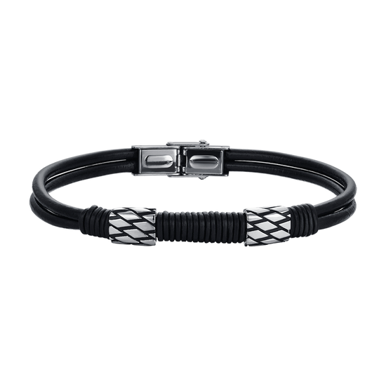 PULSERA DE CABALLERO DE CUERO NEGRO CON ELEMENTOS DE ACERO