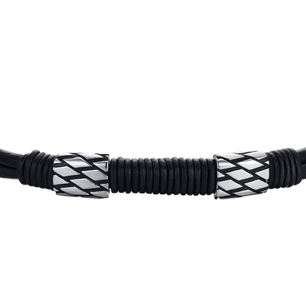 PULSERA DE CABALLERO DE CUERO NEGRO CON ELEMENTOS DE ACERO
