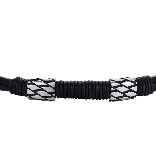 PULSERA DE CABALLERO DE CUERO NEGRO CON ELEMENTOS DE ACERO