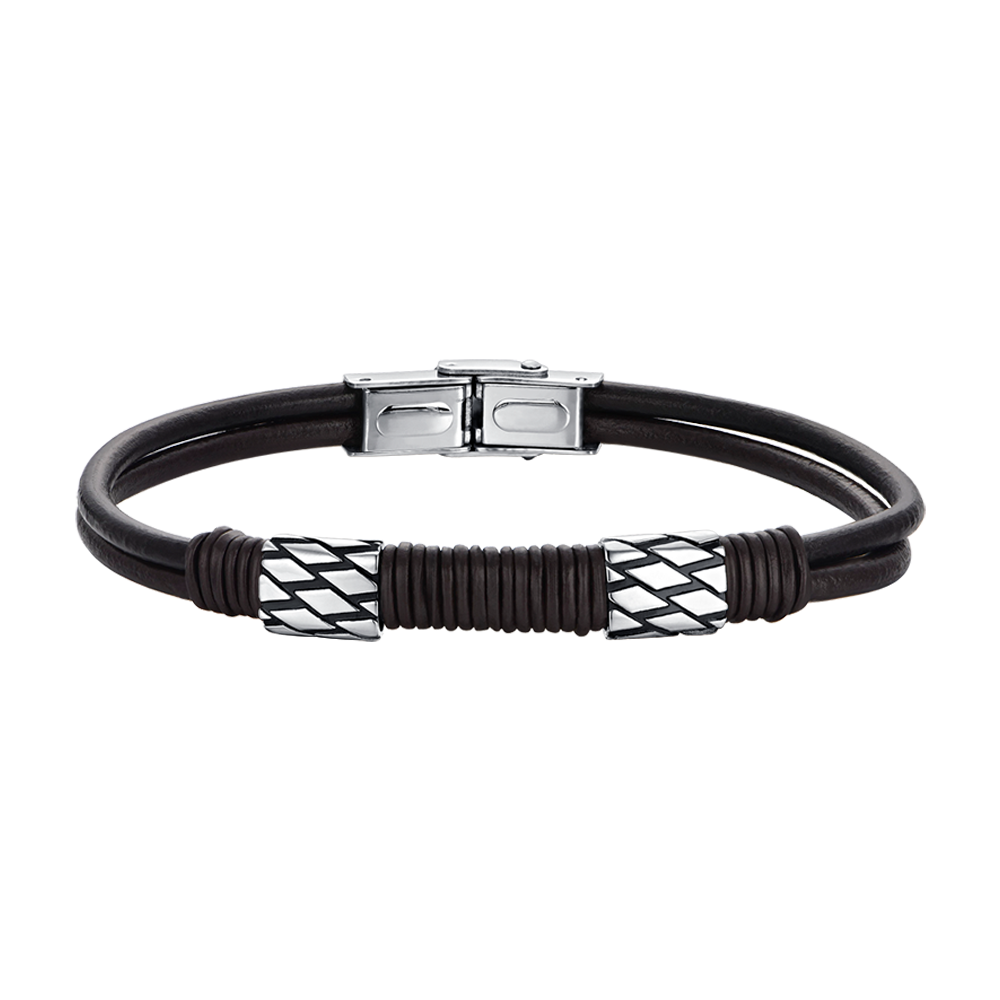 PULSERA DE CABALLERO DE CUERO MARRÓN CON ELEMENTOS DE ACERO
