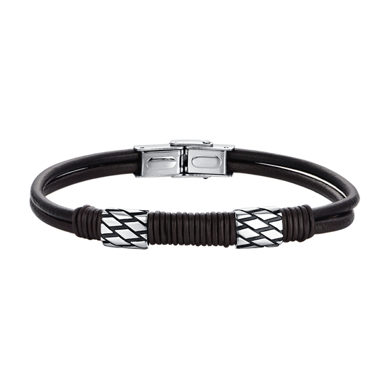 PULSERA DE CABALLERO DE CUERO MARRÓN CON ELEMENTOS DE ACERO